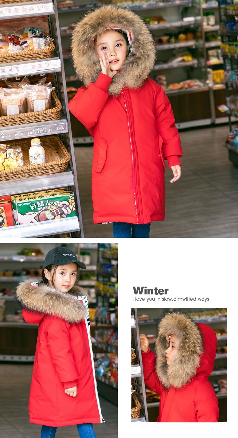 Двусторонний дизайн, пуховики для девочек, теплые детские пуховики, парки, пальто с натуральным мехом для детей-подростков, плотная верхняя одежда для холодной зимы