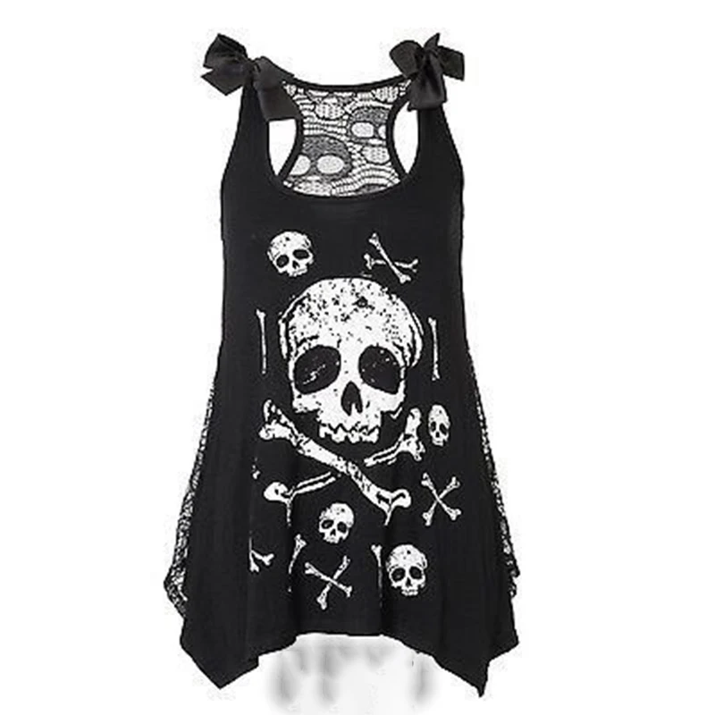 2021 Summer Womens Fashion Flowered Skull Printed Goth Top Women Lace