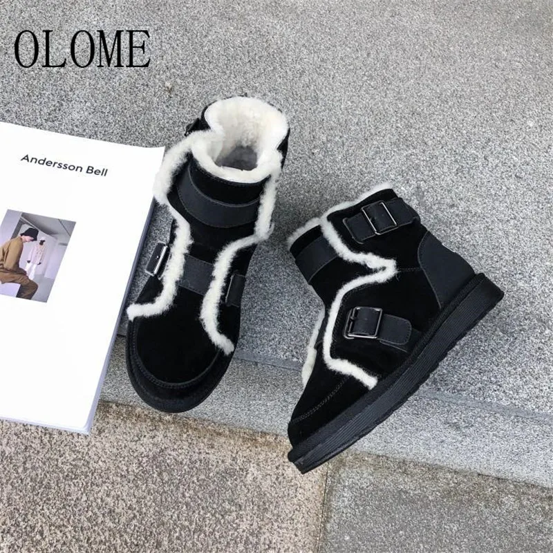 OLOME; Новинка; модные черные женские ботильоны с круглым носком и пряжкой на ремешке; женские зимние теплые ботинки на плоской подошве