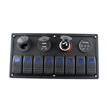 

8 gang ABS rocker switch Panel RV Boat with Digital Voltmeter+12V power Socket + USB Power Charger Adapter +cigarette lighter