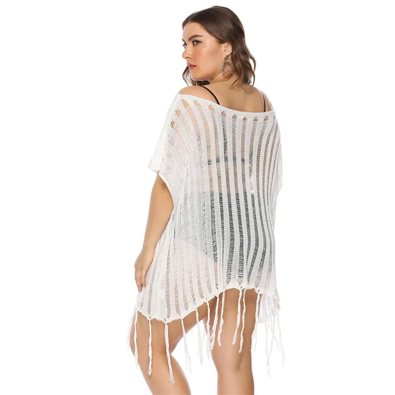 Crochet Beach Cover-ups Tassel Beachwear White Black Yellow Bikini Cover Up Solid Hollow Out Dress Tunics Plus Size Beach Wear