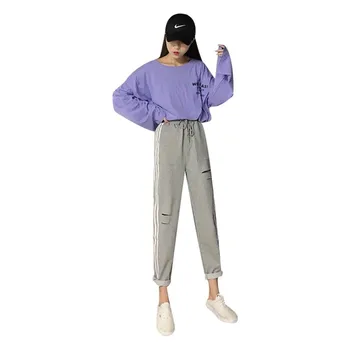 

2019 Women Autumn pants Sport Casual Straight-legged High-waisted pantalon femme All-match Hole Personality Pants 1