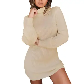 

Fashion Women Autumn Solid Color Long Sleeve Turtle Neck Ribbed Slim Mini Dress