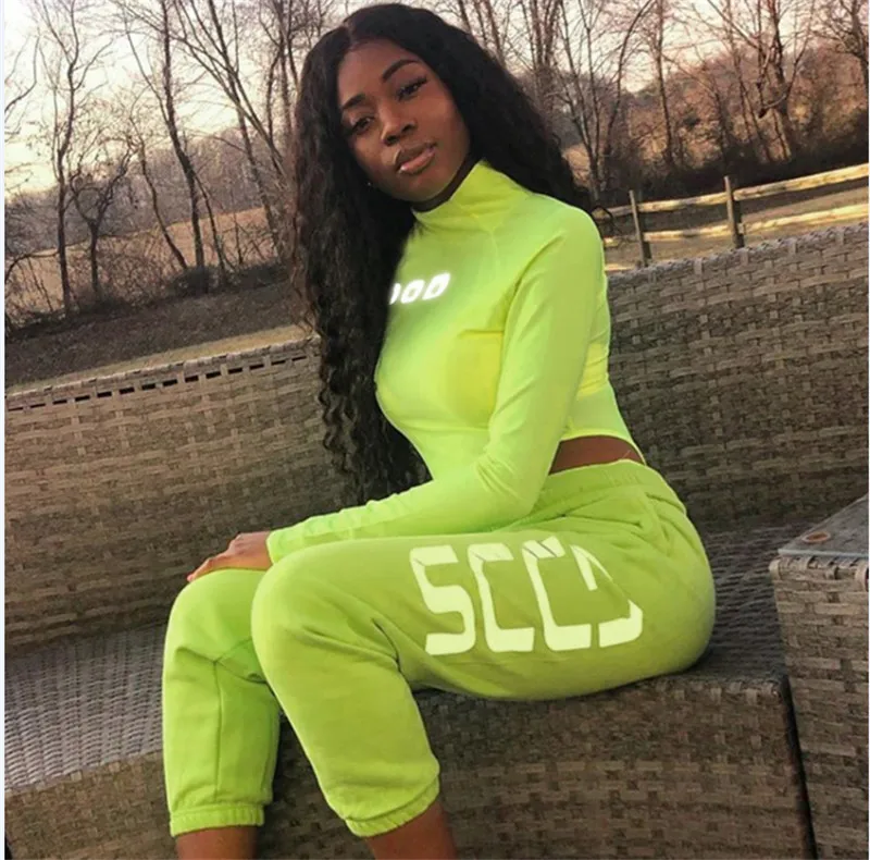 hirigin Sexy Women Reflective Letter Print Neon Green Playsuit Bodysuit Clubwear Long Sleeve Autumn Slim Jumpsuit Rompers Tops - Цвет: Зеленый