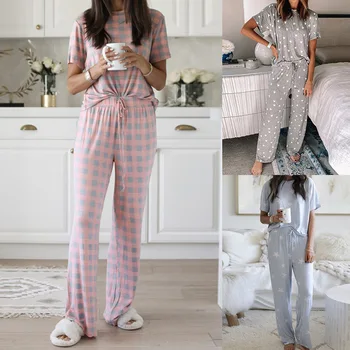 

Women's Cotton Pyjamas Water-washed Pijamas Short-sleeved Long Pants Sleepwear Home Suit Women Pajamas 2-piece Om9246