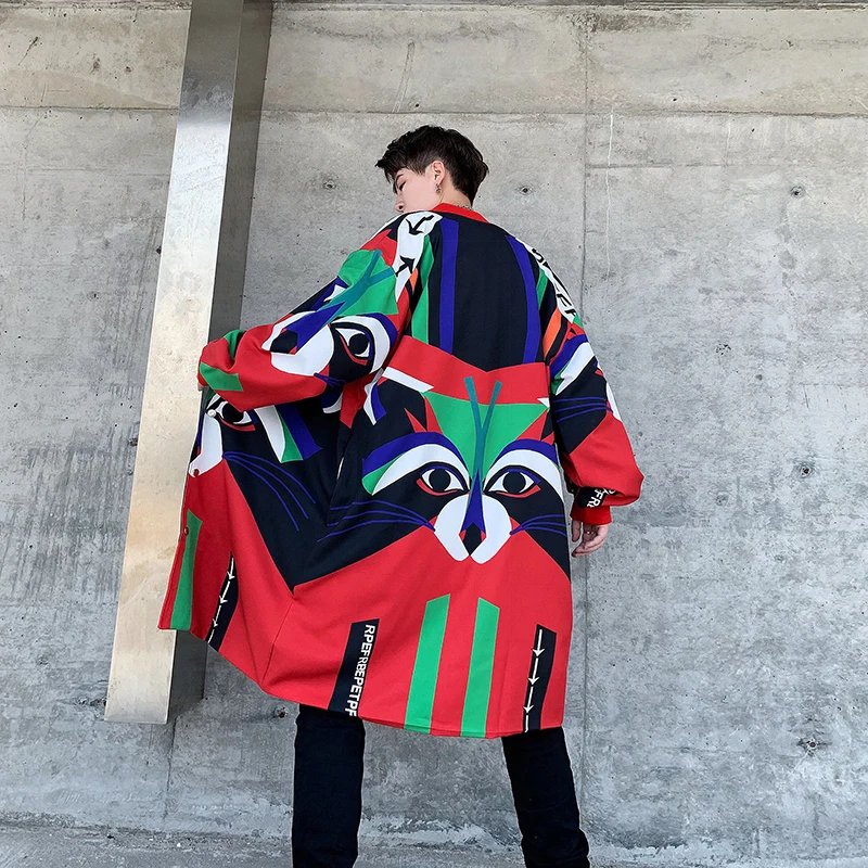 Прямая поставка осенние Удлиненные Пальто Японская уличная одежда Лоскутная мужская куртка-ветровка мешковатый плащ с животным принтом - Цвет: Red(AsianSize)