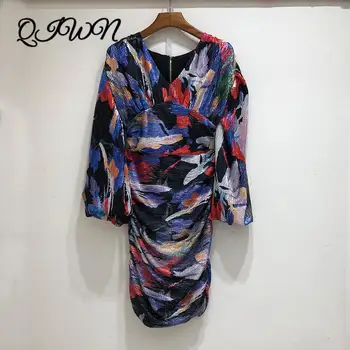 

2020 Fashion Autumn New Sexy Vintage Pleated V-neck Dress Women Long Sleeve Slim Mini Dress High Quality Runway Party Clothes