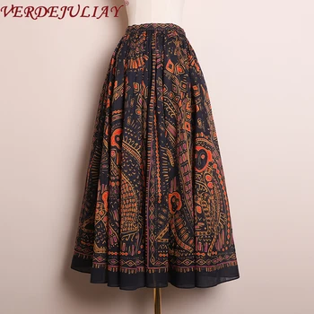 

VERDEJULIAY 2020 Spring New Good Quality 100% Cotton Vintage Runway Romantic Print Monkey A-Line European Fashion Midi Skirt