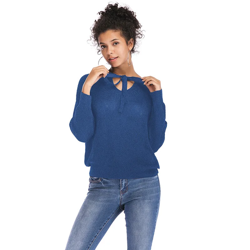 

Spring Thin Knitted Swester See Though Bow Loose Casual Jumper Blue Batwing Long Sleeve Sweaters Elegant Tops Ladies Pullovers