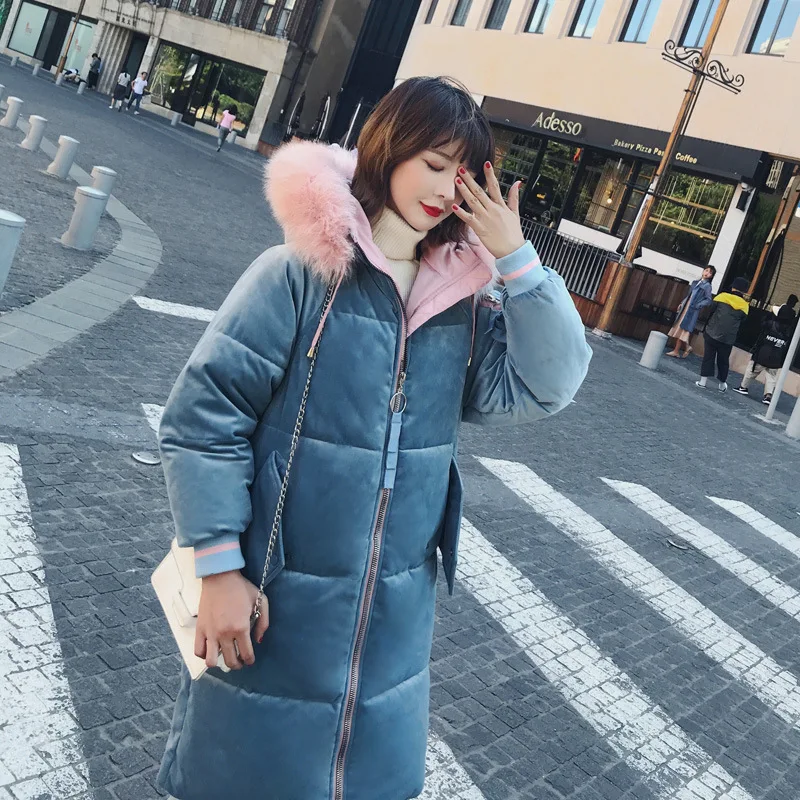 

Mid-length Gold Velvet Cotton-padded Clothes Women's 2018 Winter New Style Korean-style Loose Fashion Hooded Large Fur Collar do