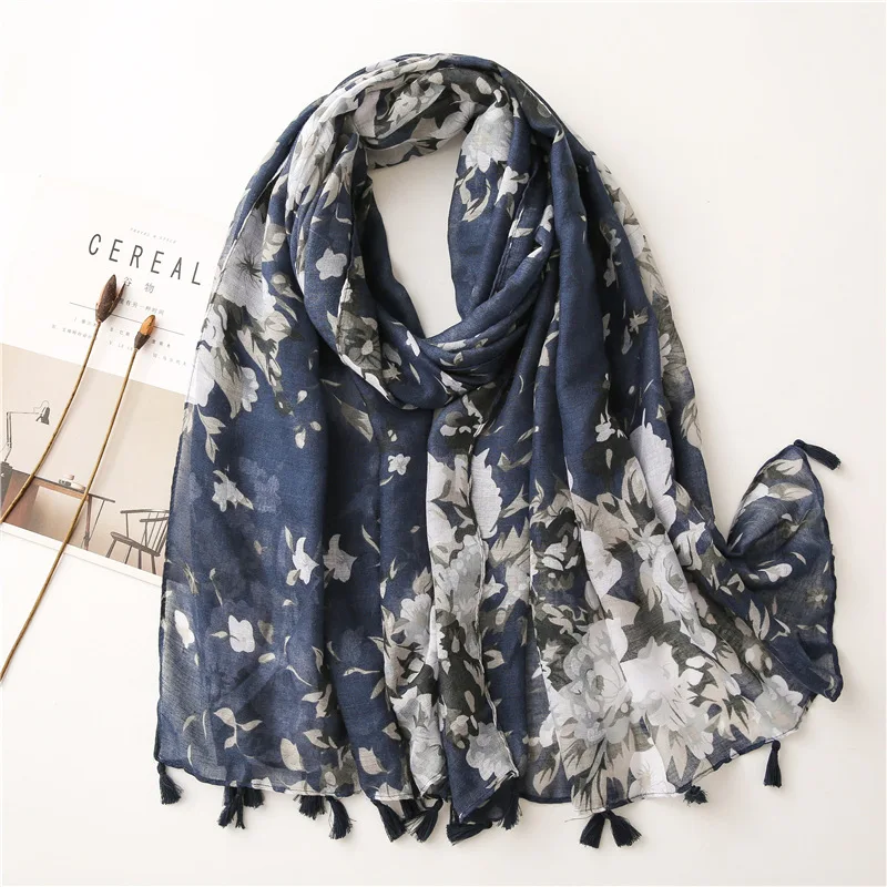 Women Autumn Navy Blue Abstract Floral Viscose Shawl Scarf High Quality Print Wrap Pashmina Snood Bufandas Muslim Hijab 180*90cm