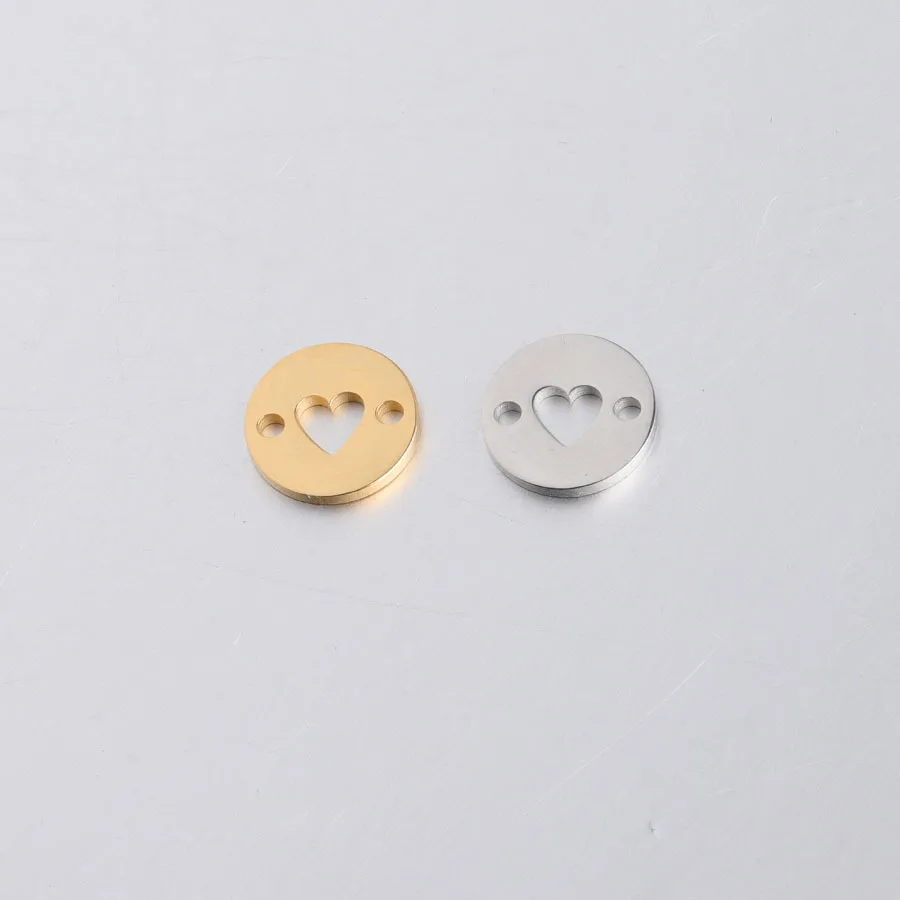 

5PCS 10mm mirror stainless steel hollow small peach heart double hole round piece pendant DIY bracelet necklace accessories