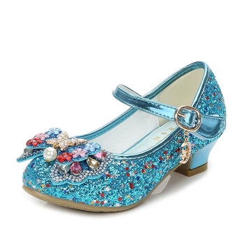 

Kids Performance Hook Loop Shoes Girls Summer Bowknot Princess Bling Sequins Mid Heels Party Dance Performance Dress Shoes D30