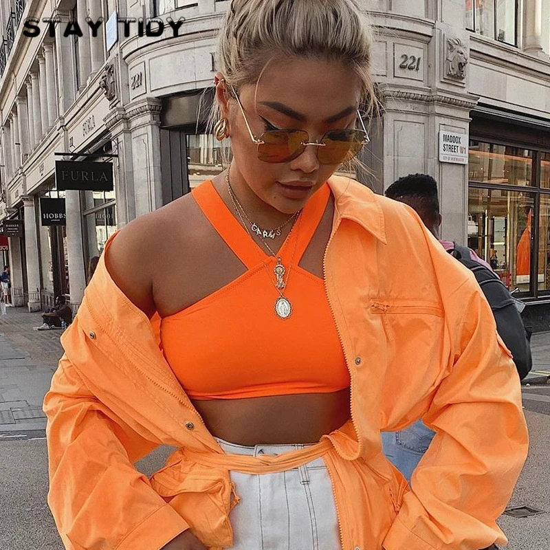 

STAY TIDY Neon Orange Lace Up Cross Slim Tank Tops 2019 Summer Women Sleeveless Open Back Fashion Wild White Streetwear Tops