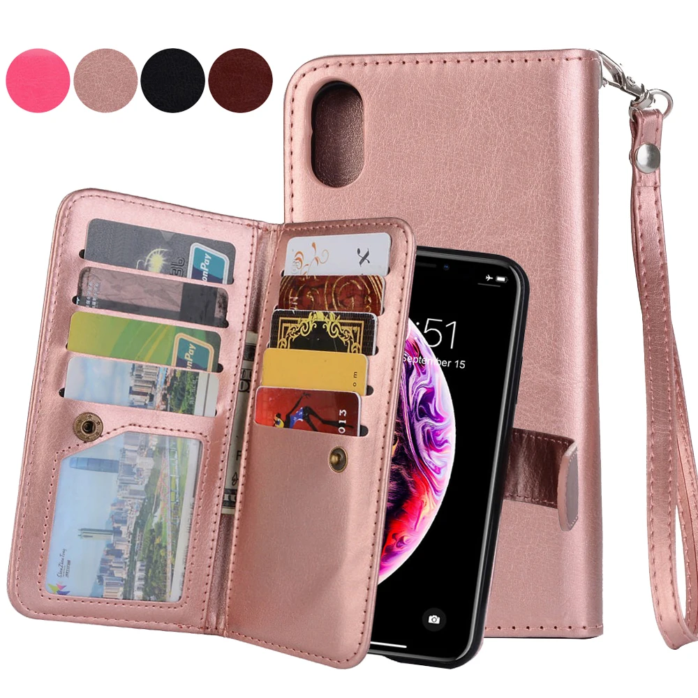 Чехол книжка из натуральной кожи для IPhone 11 Pro Max SE 2020 Xr X Xs 8 7 Plus 6 6s 5s с ремешком 9 карт