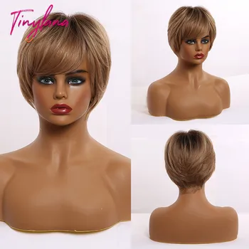 

TINY LANA Women's Wig with Side Bangs Short Straight Layered Style Ombre Brown to Light Light Blonde Synthetic Wigs Pixie Cut