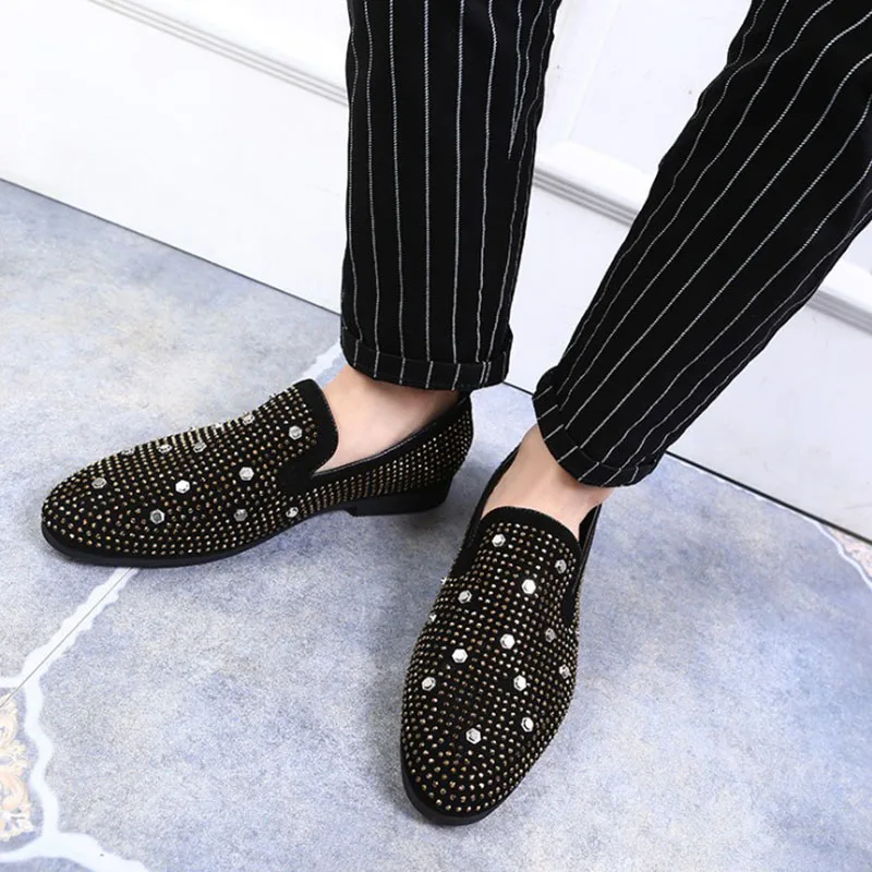 casual suede leather men shoes 48 rivet loafers british style footwear fashion black big size slip on rhinestone 13 stud