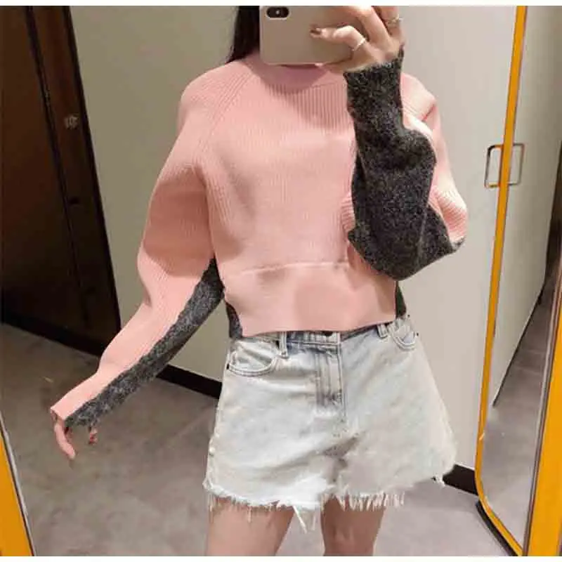 

Women Sweater 2019 Autumn and Winter New Style Front and Rear Contrast Color Splicing Women's Short Women's Sweater