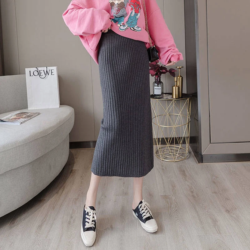 gray knitted skirt Осень-зима, Серые вязаные длинные юбки для женщин, бархатная Теплая юбка с высокой талией, приталенная юбка-карандаш макси для женщин - Цвет: gray knitted skirt