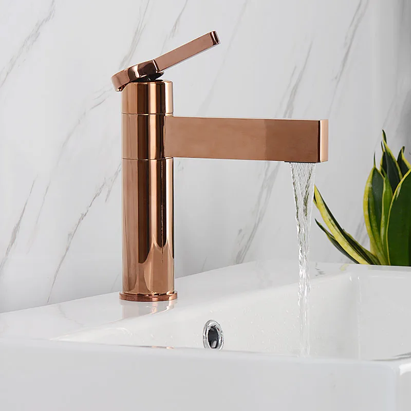 Rose gold-short Матовый золотой латунный кран для ванной комнаты, смеситель для холодной и горячей воды, черный/золотой/хром/розовое золото - Цвет: Rose gold-short