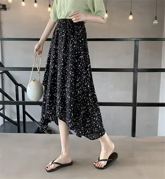 

2020 Spring and Summer New Star Printing High Waist Irregular A -line Chiffon Mid-length Skirt Women Long Casual Femme Jupe r106