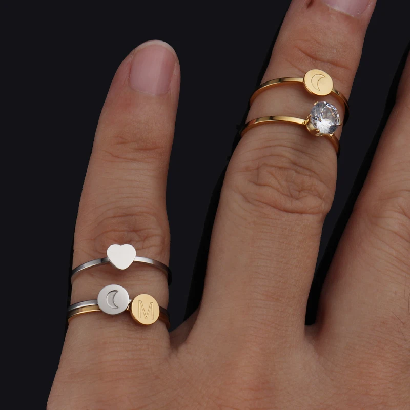 Fashion Initial Letter Ring Stainless Steel Rings For Women Men's Stainless Steel Jewelry Moon Star Heart Ring Couple Party Gift