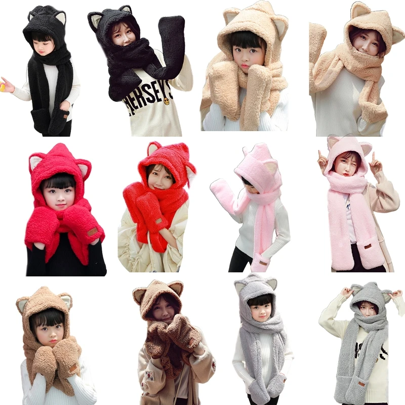 

Parent-Child Cartoon Ears Winter 3 In 1 Scarf Hat Gloves Plsuh Warm Earflap Cap