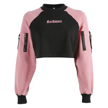 

Women Patchwork Letter Print Hoodies Cropped Streetwear Long Sleeve Sweatshirt Black Pink Knitted Loose Pullover Hoodies