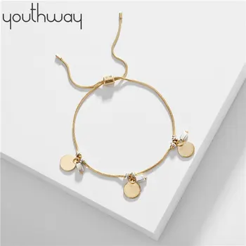 

Minimalist Pull copper snake chain bracelet Adjustable 3 round metal discs Charm bracelet for women girls Jewelry gift