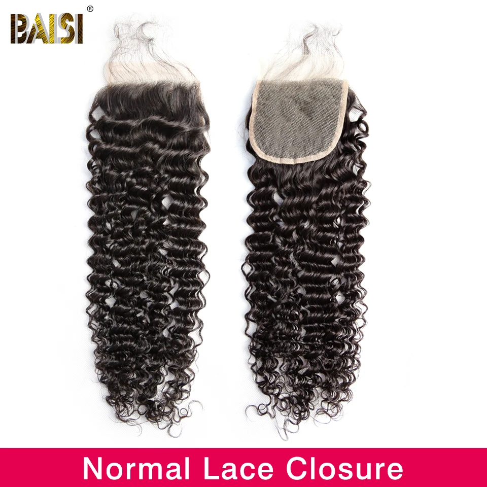 BAISI волосы перуанские девственные волосы кудрявые кружева закрытие 4x4 отбеленные узлы с волосами младенца человеческие волосы