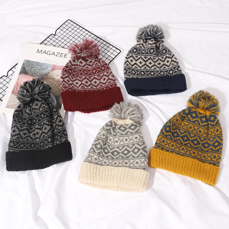 Winter Hats For Women To Keep Warm Pompoms Natural Knit Hat Women Beanie Cotton Fluffy Hat Hedging  Cap Variegated Plaid Cap New 4