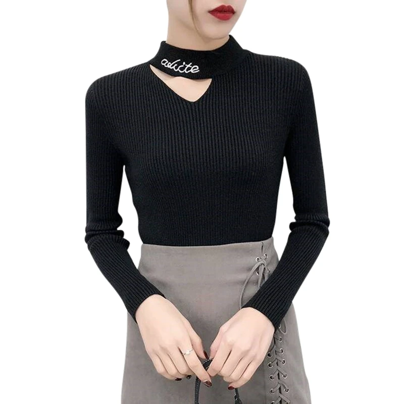 

Basic V-neck Solid Autumn Sweater Half-high Collar Long-sleeved Temperament Slim Letter Hollow Knit Bottoming Shirt Newest