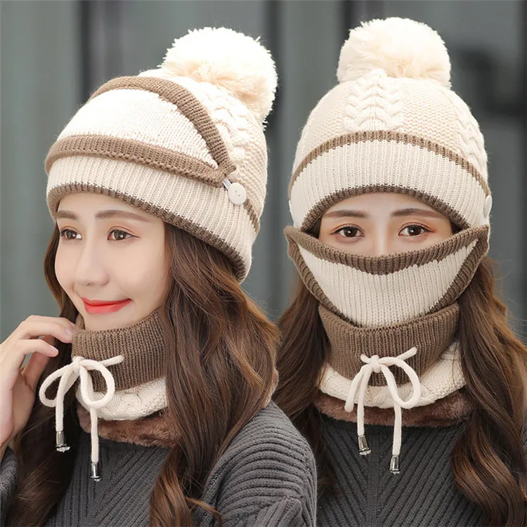 Бежевый Beanies шапка женская зимняя Милая теплый шерстяной вязаный головные уборы наборы 3 с маской нагрудник Женская Осенняя велосипедная военная защита Лыжная Шапочка - Цвет: Бежевый