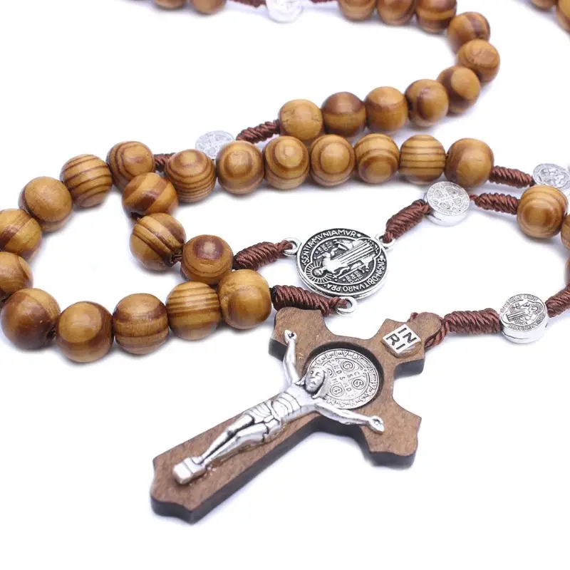 Мода ручной работы круглый шарик католические четки крест религиозные деревянные бусины для мужчин ожерелье Шарм подарок 090C