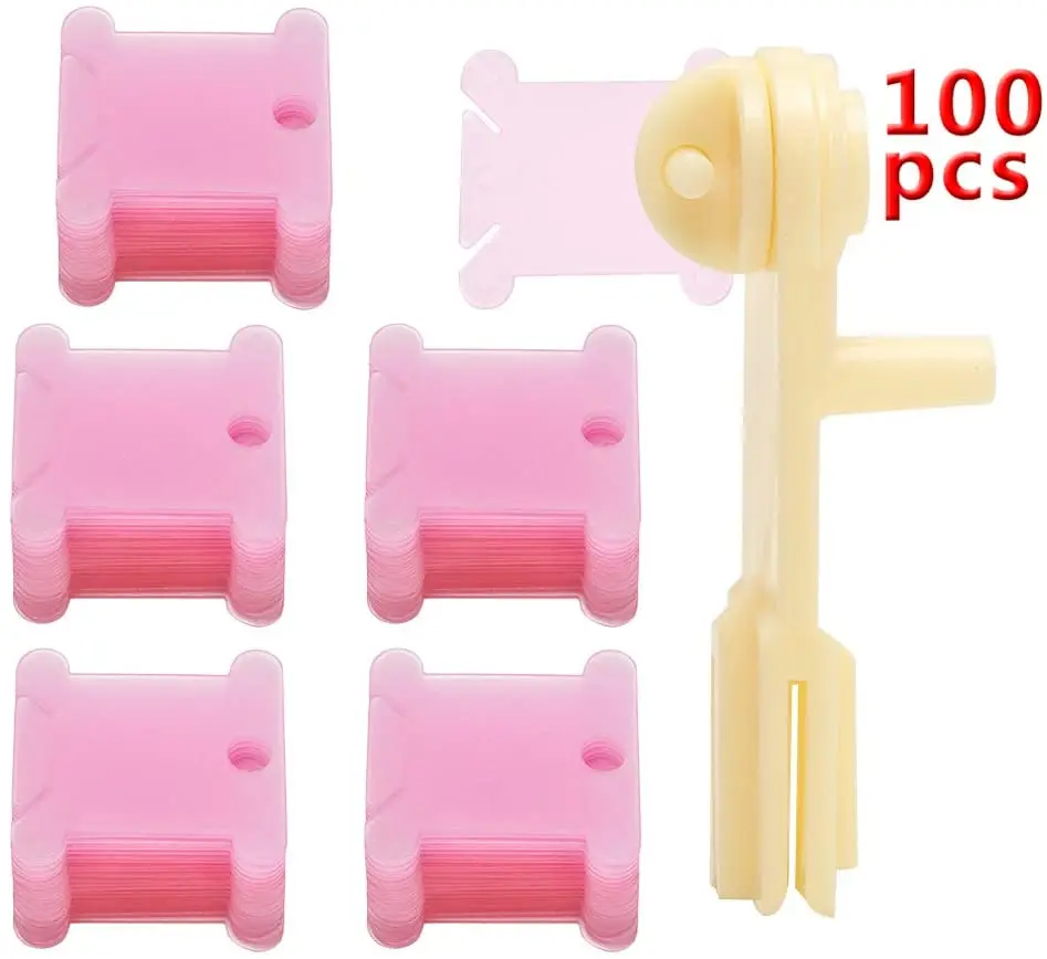 

KAOBUY 100Pcs Pink Plastic Floss Bobbins With Bobbin Winder, Floss Bobbins Set For DIY Embroidery Floss Cross Stitch Threads