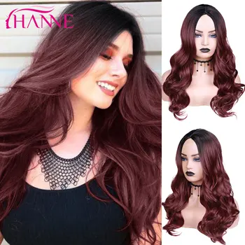 

HANNE Long Wavy Black/red wine Ombre Natural Middle Part Heat Resistant Synthetic Wigs for Women African American 24inches