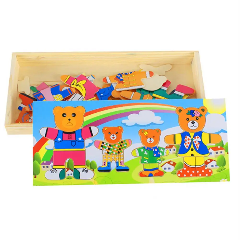 Wooden Jigsaw Puzzle Girls Educational Toys Bear Family Dress Up Games For Kids 
