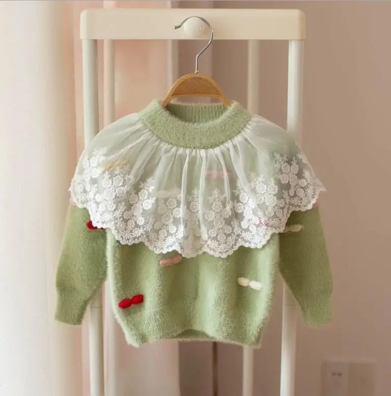 New Children Baby Fashion Lace Bow Ruffles Sweater, Princess Boutique Candy Knitting Pullovers 5 pieces/lot, Wholesale