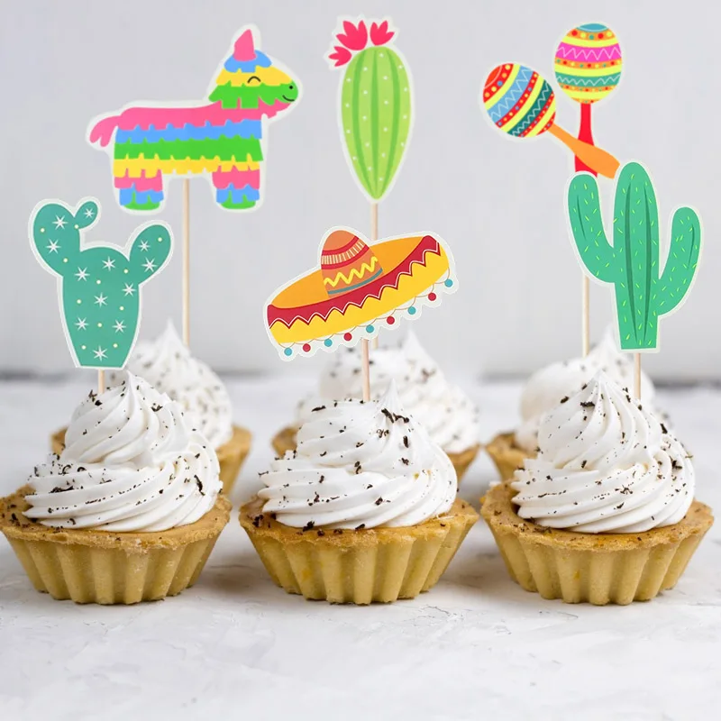 7pcs/lot Cartoon Cactus Cake Topper Summer Party Decor Cupcake Flags Cute Plants Boy Girl Birthday Baby Shower Cake Decoration
