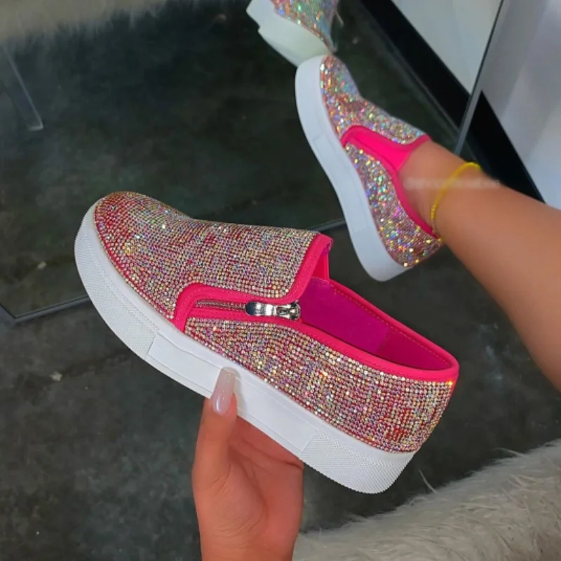 

Women Flats Platform Shoes Ladies 2020 Autumn Glitter Crystal Thick Sole Female Rhinestone Casual Shoe Slip On loafers