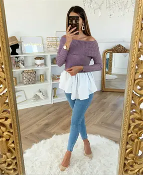 

High Quality Fashion Casual Women's Clothing Female Solid Color Off Shoulder Knitted Sweater Ladies Winter Tulle Ruffle Pullover