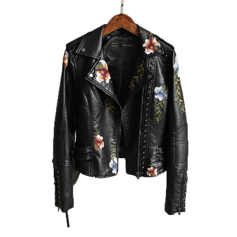 New Women Streetwear Leather Jakcet 2020 Spring Autumn Slim Zipper Vintage Floral Embroidery Short Faux Leahter Coats Outwear | Женская