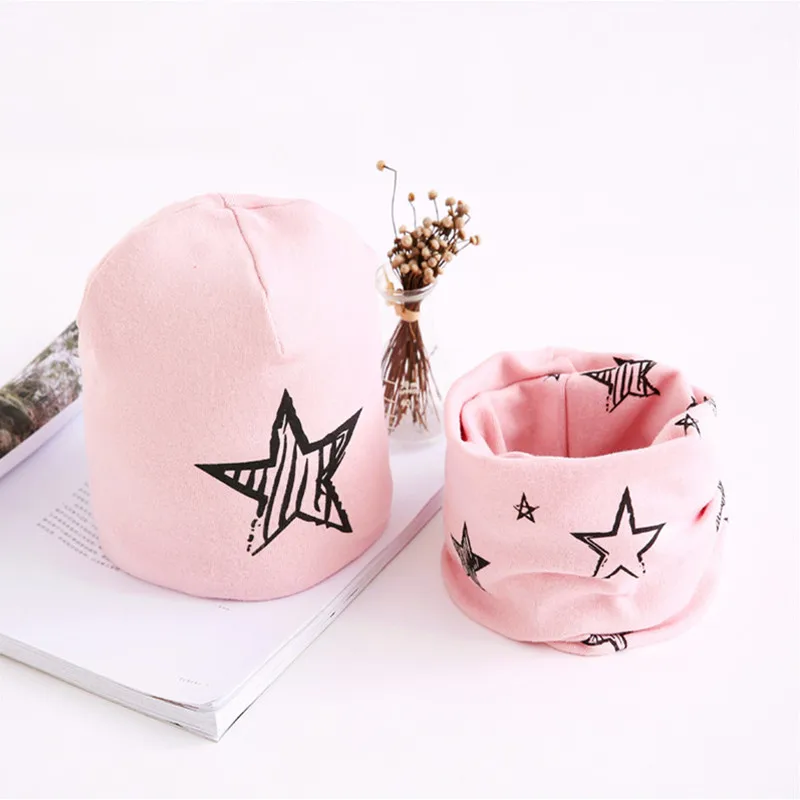 Autumn Baby Cap Set Cartoon Children Head Cover Spring Warm Neck Collar Kids Beanies Neckerchief Set Cotton Hat Scarf Two Piece