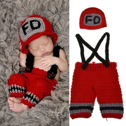 Ensemble de photographie pour bébé de 0 à 3 mois, chapeau + pantalon de pompier, 2 pièces, laine tricotée, nouveau né, accessoires Photo de pompier FD, 