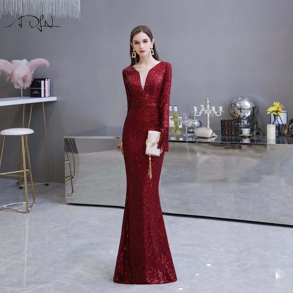 ADLN бургундское платье для выпускного с пайетками Robe de Soiree Русалка Пышное Платье