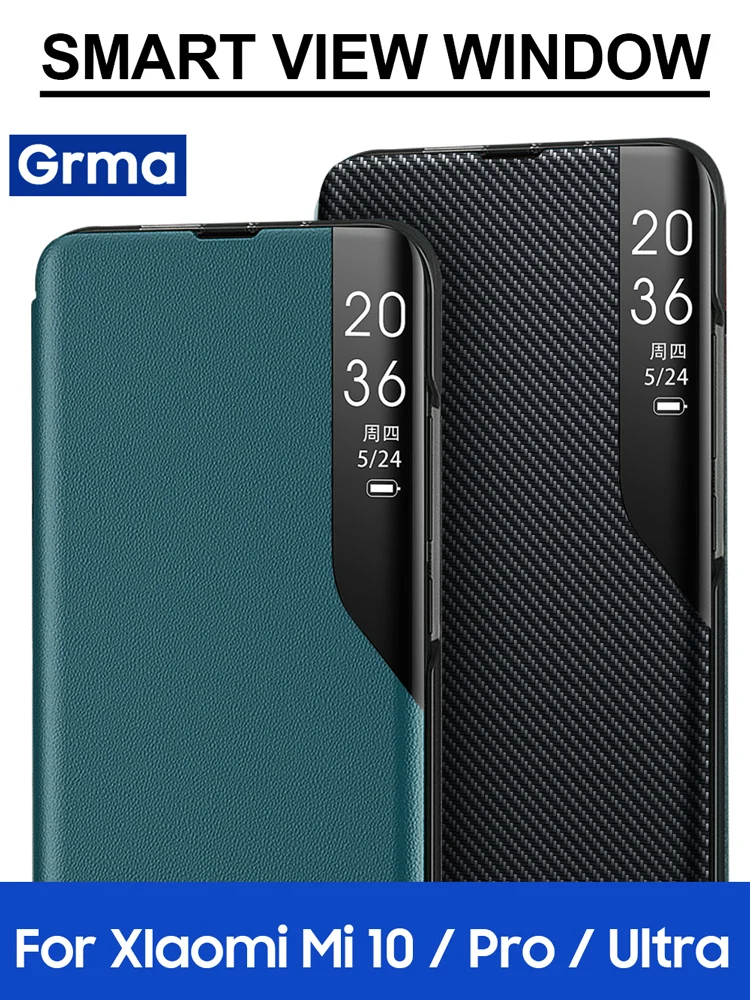 Grma Original Mirror Smart View Vegan Fiber Genuine Leather Flip Cover For Xiaomi Mi 10 Ultra Pro Global Version Official Case