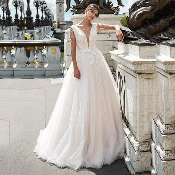 

Sexy Backless Wedding Dress Boho A-line Lace Appliques Tulle Beach Bride Dress Beads African Wedding Gowns vestidos de novia