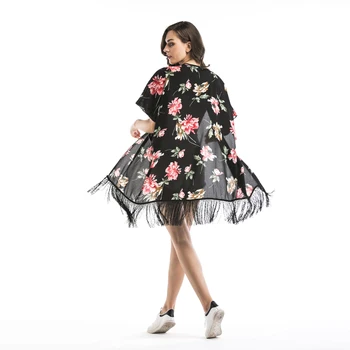 

Fashion Floral Chiffon Shirt Women's Spring-summer 2020 Mid-Length Beach Chiffon Coat Blouse Fringed Shawl