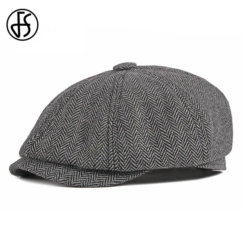 

FS Gray Black Cotton Hat Man Newsboy Caps Striped Fashion Warm Winter Octagonal Hats Male Female Gatsby Vintage Flat Caps