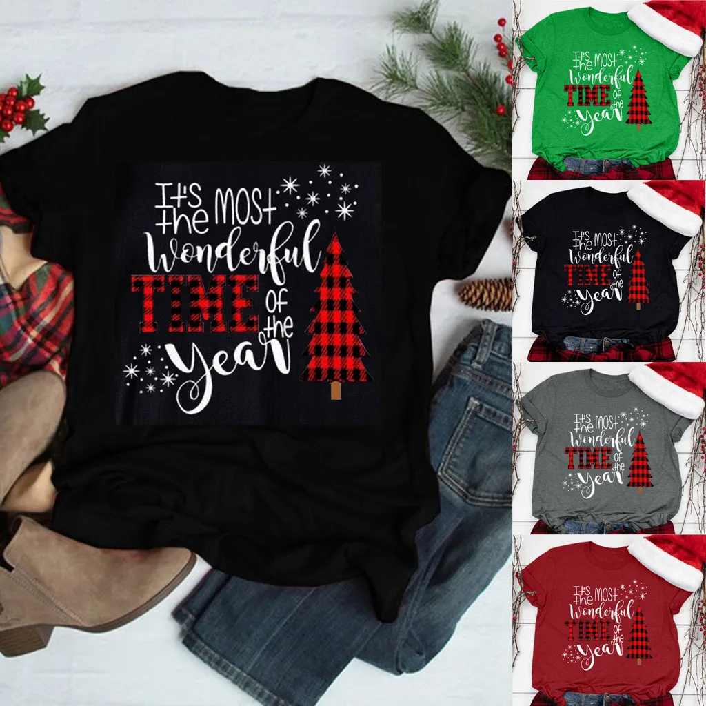 Женские футболки, женская модная одежда, Рождественская Женская модная футболка с круглым вырезом и коротким рукавом, Повседневная Милая Праздничная рубашка